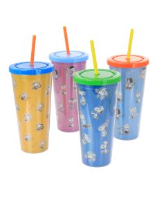 Gibson Peanuts 70th Anniversary 4 Piece Plastic 23.6oz Tumbler set with Lid and Straw in Assorted Colors
