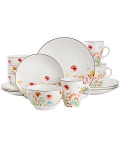 Elama Wildflower Meadow 16 Piece Stoneware Dinnerware Set in White and Multi